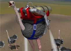 A crazy ostrich with a jetpack!